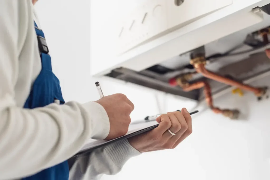 local plumber inspecting a water heater in brownstown il